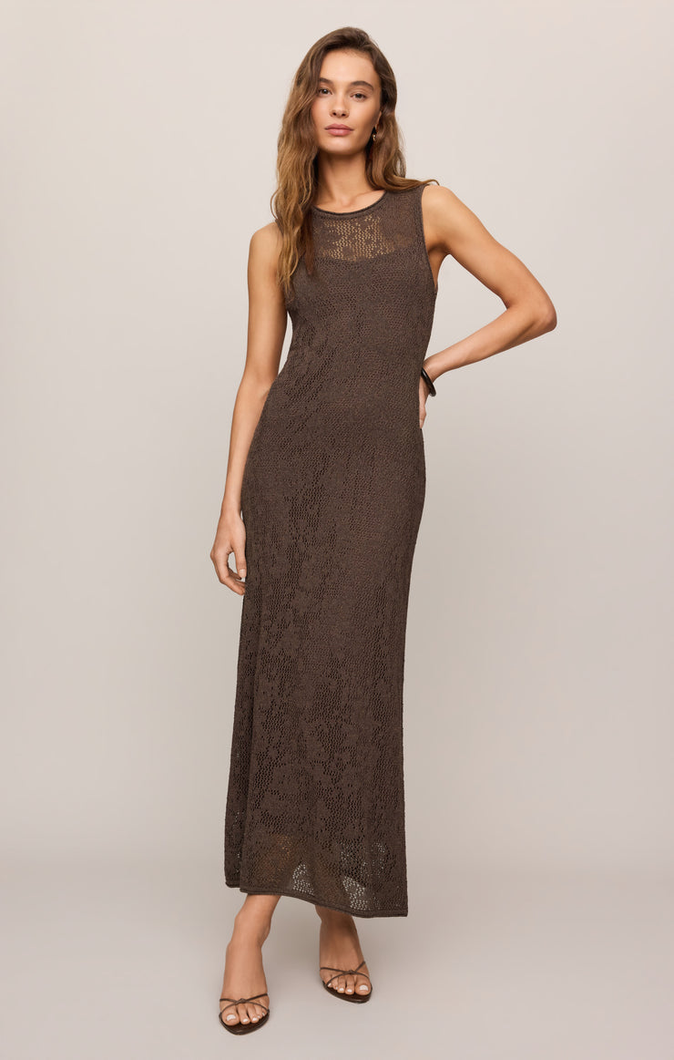 Brown sleeveless midi dress with crew neckline, textured knit look and fitted silhouette