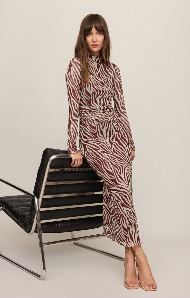 Zebra mesh midi dress with high neck, long sleeves, and fitted waist in burgundy print