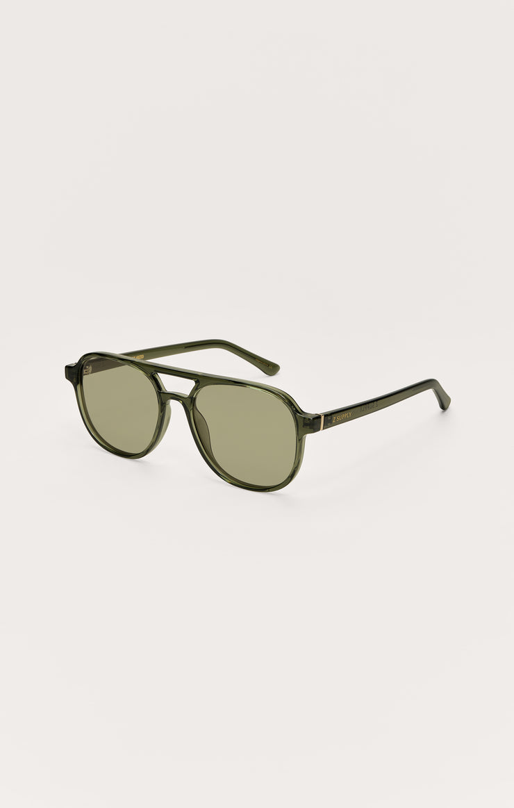 Green polarized sunglasses with tinted lenses, angled side profile view