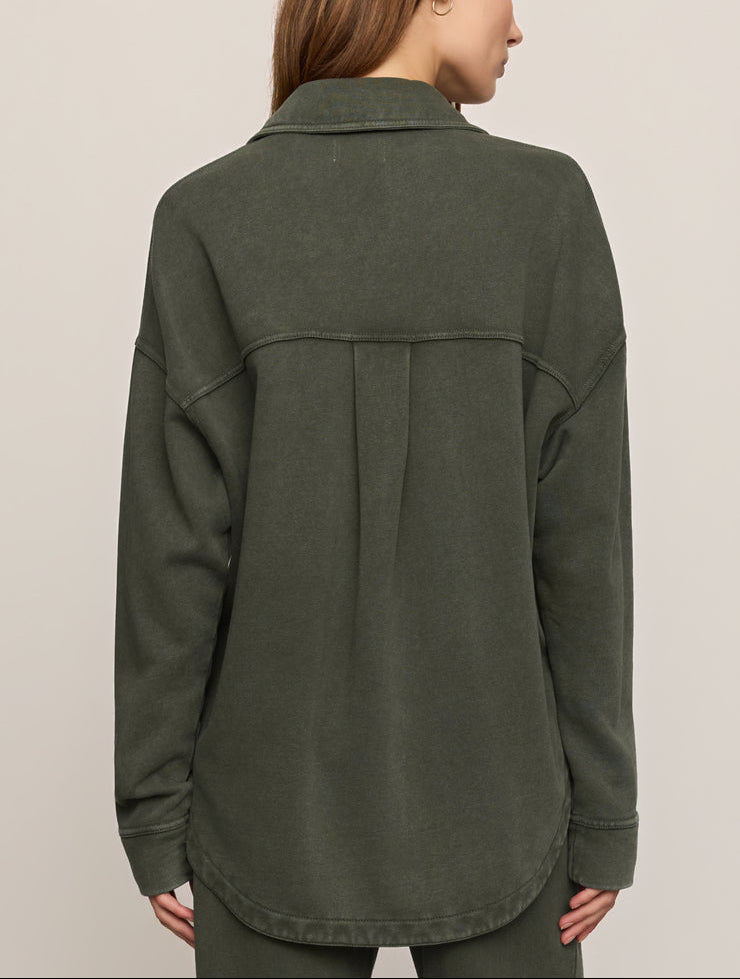 Dark olive knit jacket with stand collar and back yoke seam