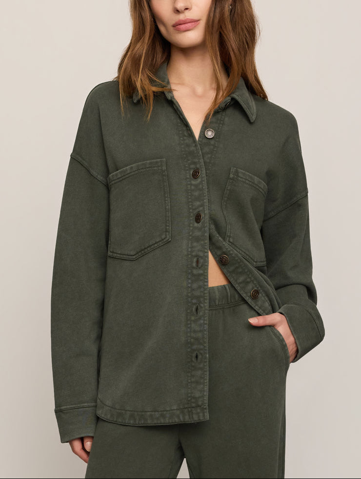 Dark olive knit jacket with button front and two chest pockets