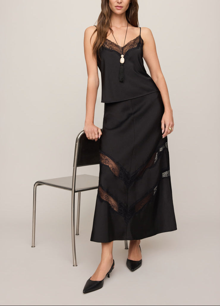 Black midi skirt with lace trim inset and V-shaped hem panels
