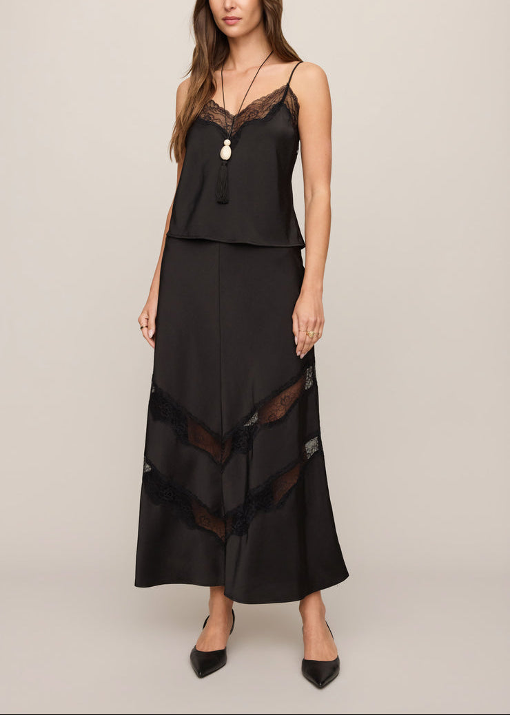 Black midi skirt with layered lace inset along lower front