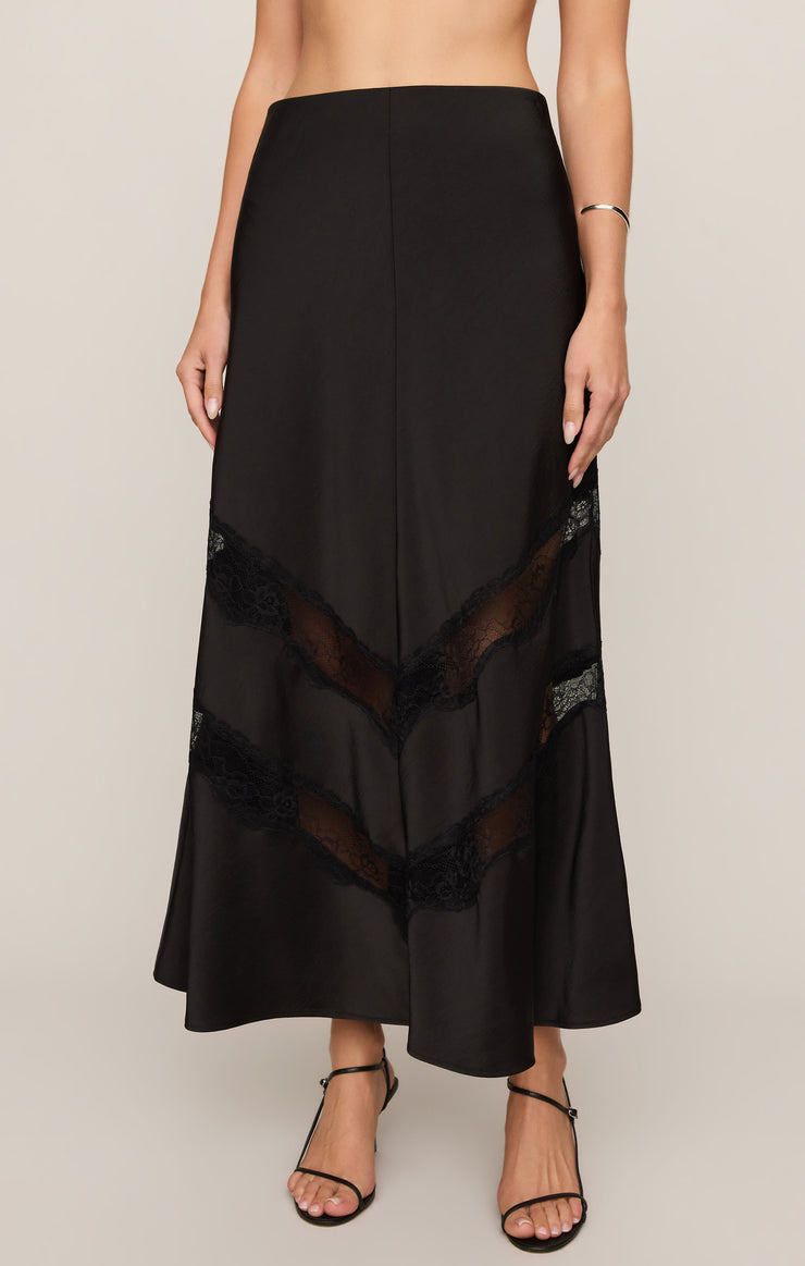 Black midi skirt with lace chevron inset at front and hem