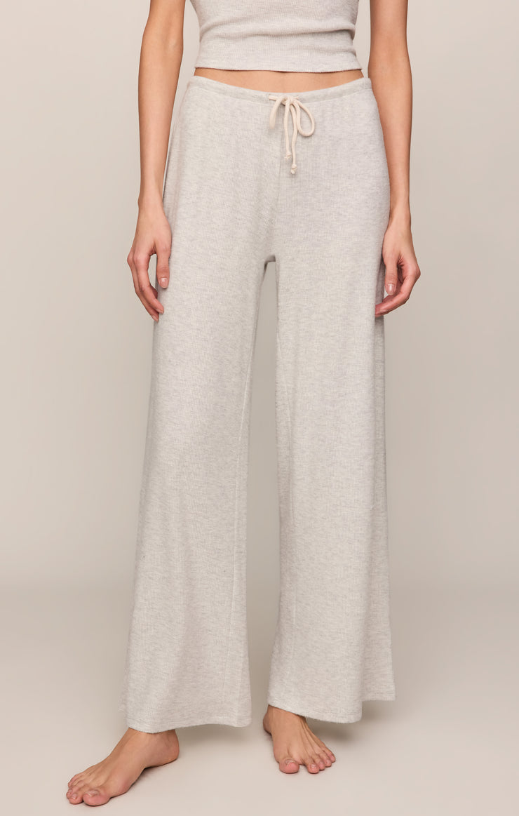 Light gray waffle thermal pants with drawstring waist, wide-leg lounge fit