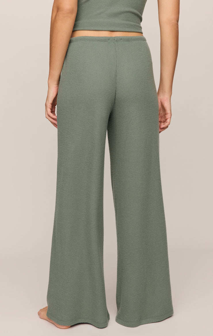 Waffle brushed thermal wide-leg pants, muted green, relaxed straight fit