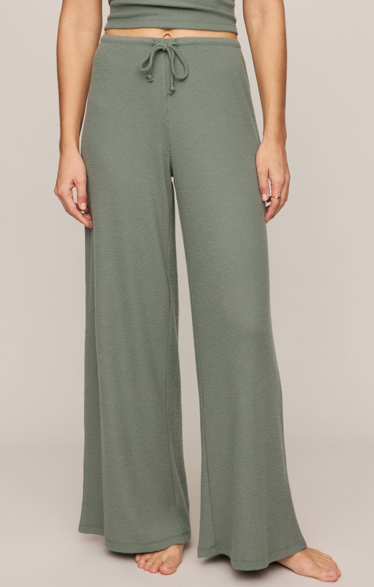 Waffle brushed thermal wide-leg pants in muted green with drawstring waist