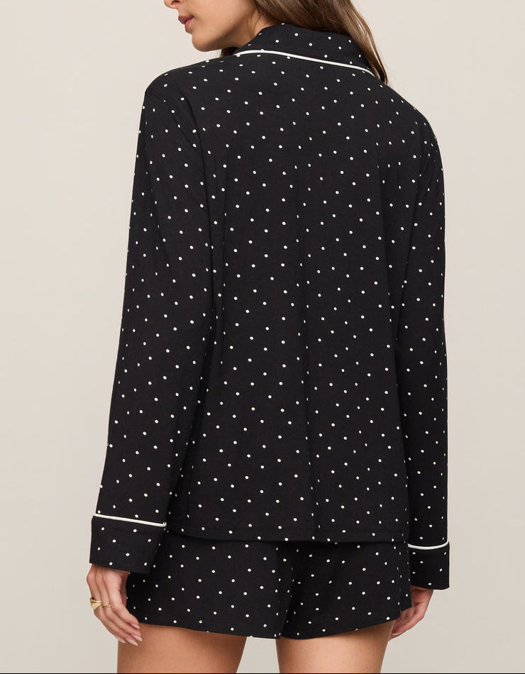 Luxe dot pajama top black with white polka dots, long sleeves, back view