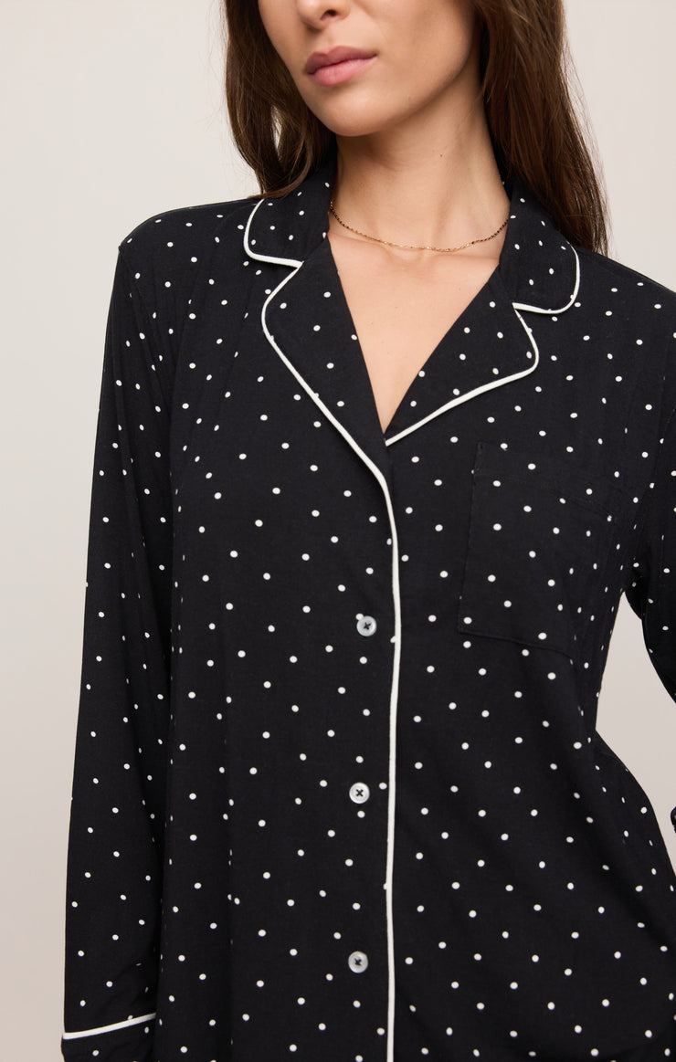 Luxe dot pajama top black with white polka dots, close-up of button placket and collar