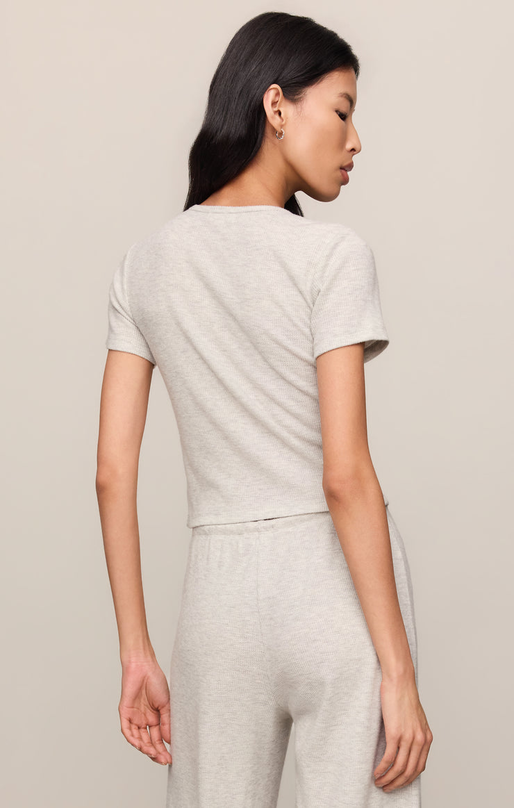 Feathered grey waffle thermal tee, short-sleeve crew neck, visible back view