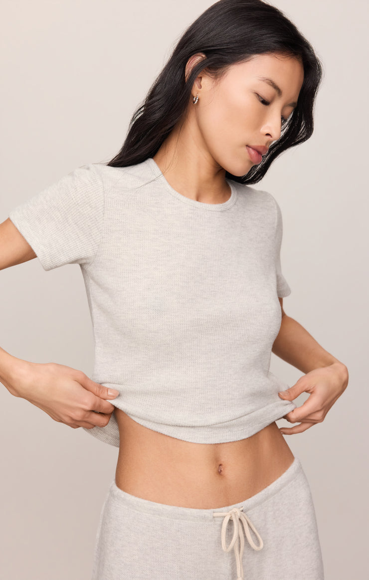 Feathered grey waffle thermal tee, crew neck short sleeves, curved bottom hem