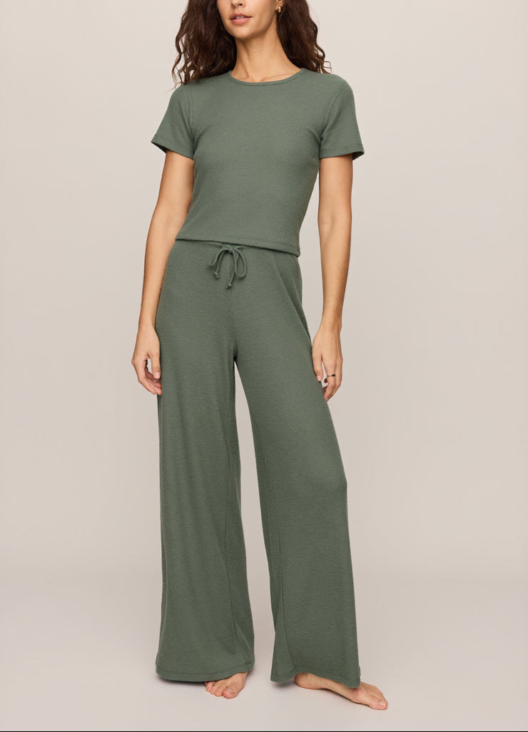Green thermal tee with matching drawstring waist wide-leg lounge pants