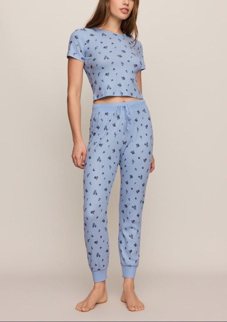 Light blue ditsy-print tee with crew neck and short sleeves, paired with joggers