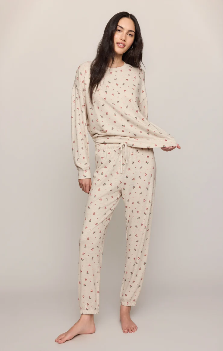 Light oatmeal pajama set with long-sleeve top and drawstring pants, cherry print