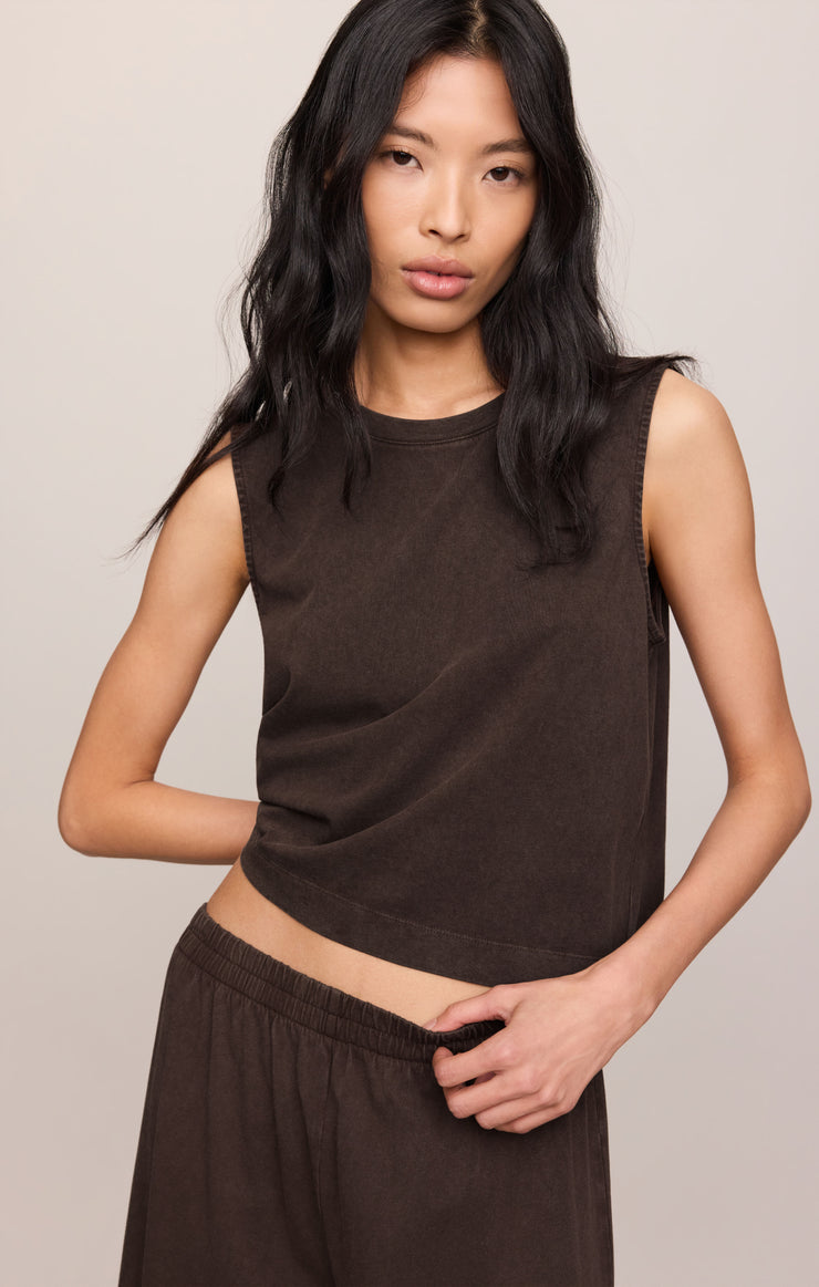 Sloane jersey muscle tank in dark chocolate, sleeveless crew neck, straight hem