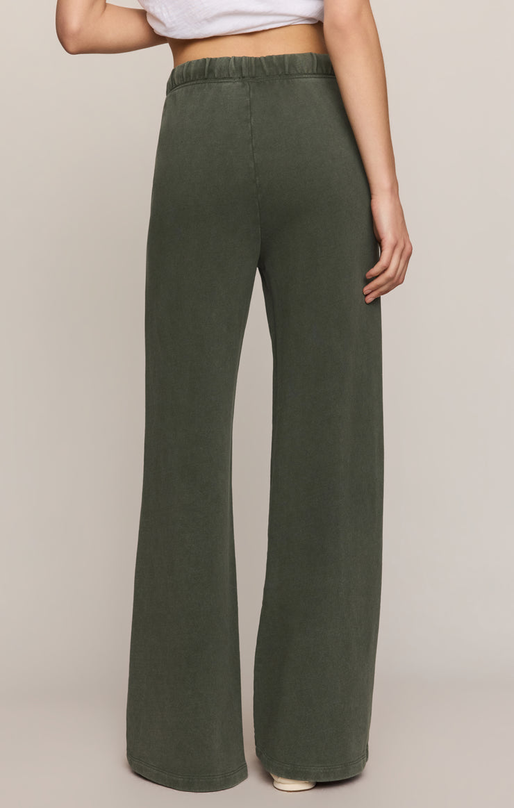 Olive knit wide-leg pants with elastic waist and white drawstring
