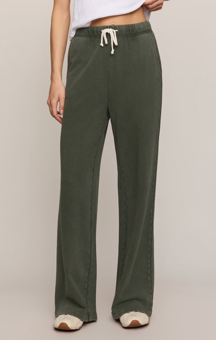 Olive knit wide-leg pants with drawstring elastic waist