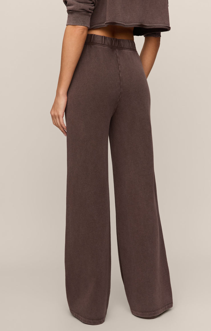Hunter knit pants, dark brown with elastic waistband and white drawstring, straight wide leg