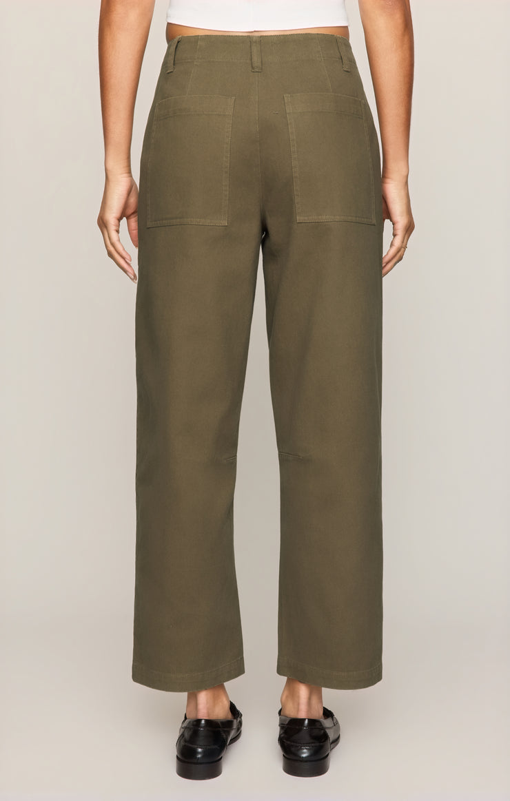Olive utility pants with belt loops, button fly, patch pockets, straight cropped fit