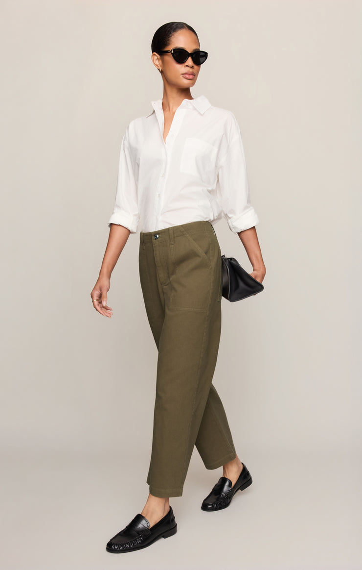 Olive utility pants, high-rise cropped wide leg, button closure and side pockets