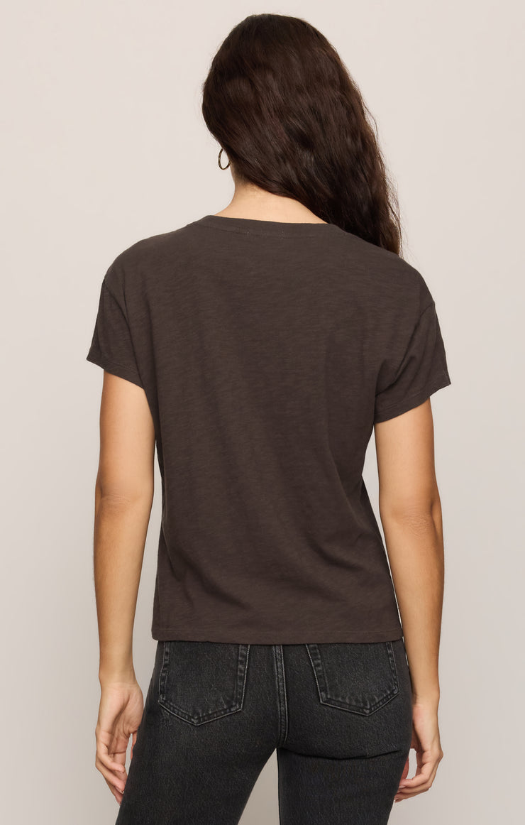 Dark brown slub crew-neck T-shirt, back view, short sleeves, relaxed fit