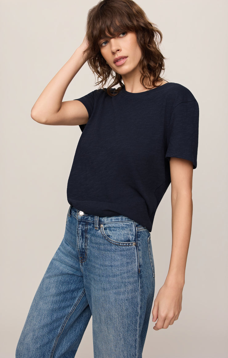 Navy slub knit crew-neck t-shirt with short sleeves, draped at side