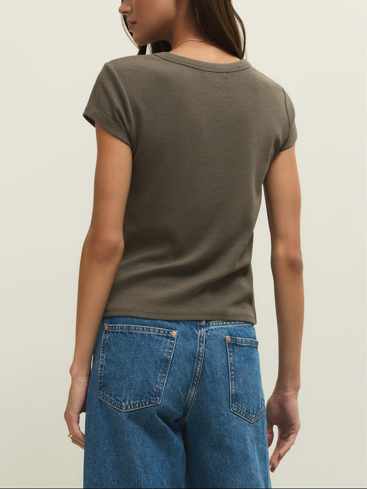 Renae Rib Short Sleeve Top - Khaki Green