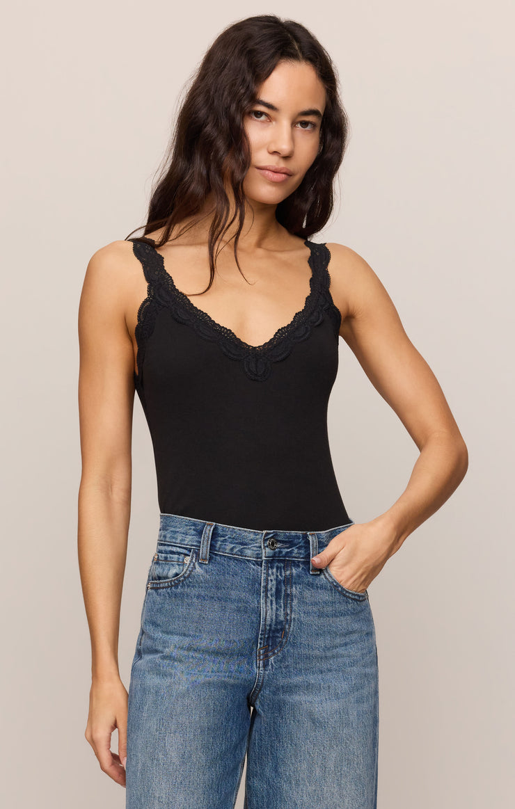 Black lace-trim camisole tank with scalloped lace neckline and thin straps