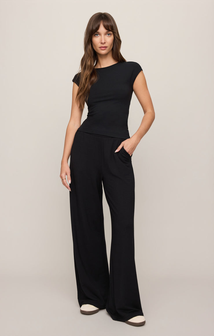 Black fitted crew-neck top with short cap sleeves and curved hem