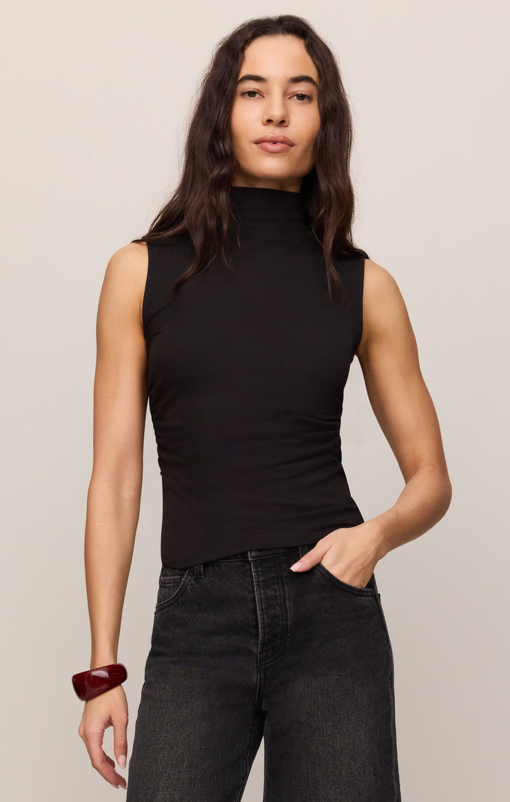 Black high-neck sleeveless tank top, fitted silhouette