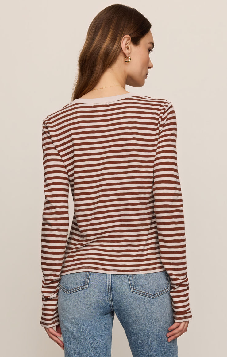 Long-sleeve striped slub tee, back view, dark rosewood and cream horizontal stripes