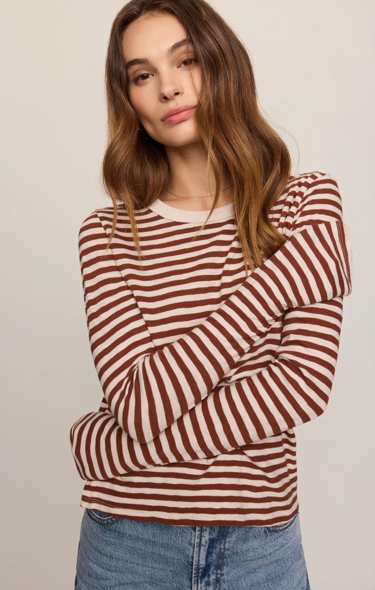 Long-sleeve striped slub tee in dark rosewood and cream, crew neck