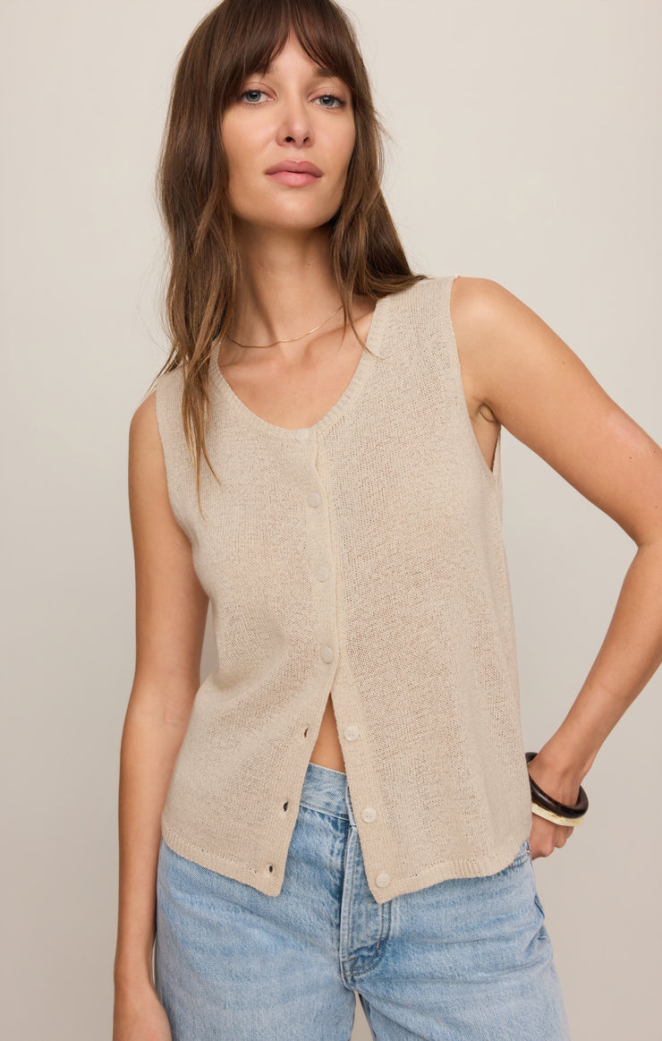 Sandstone sleeveless knit vest with scoop neck and button-front detail