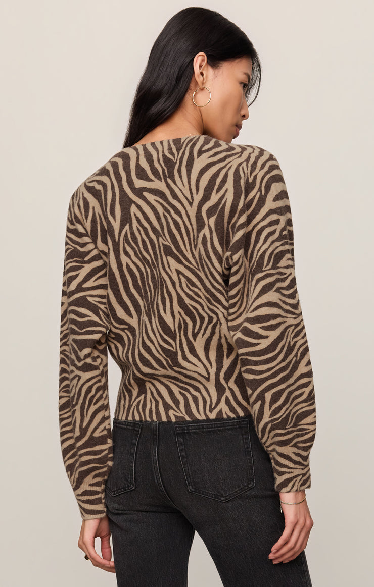 Zebra-print knit cardigan in dark brown, shown from back with V-neck and long sleeves