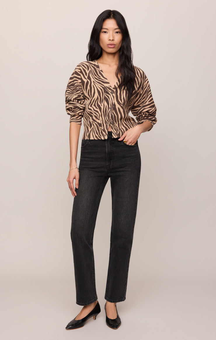 Zebra-print knit cardigan in dark brown with V-neck button front, long sleeves