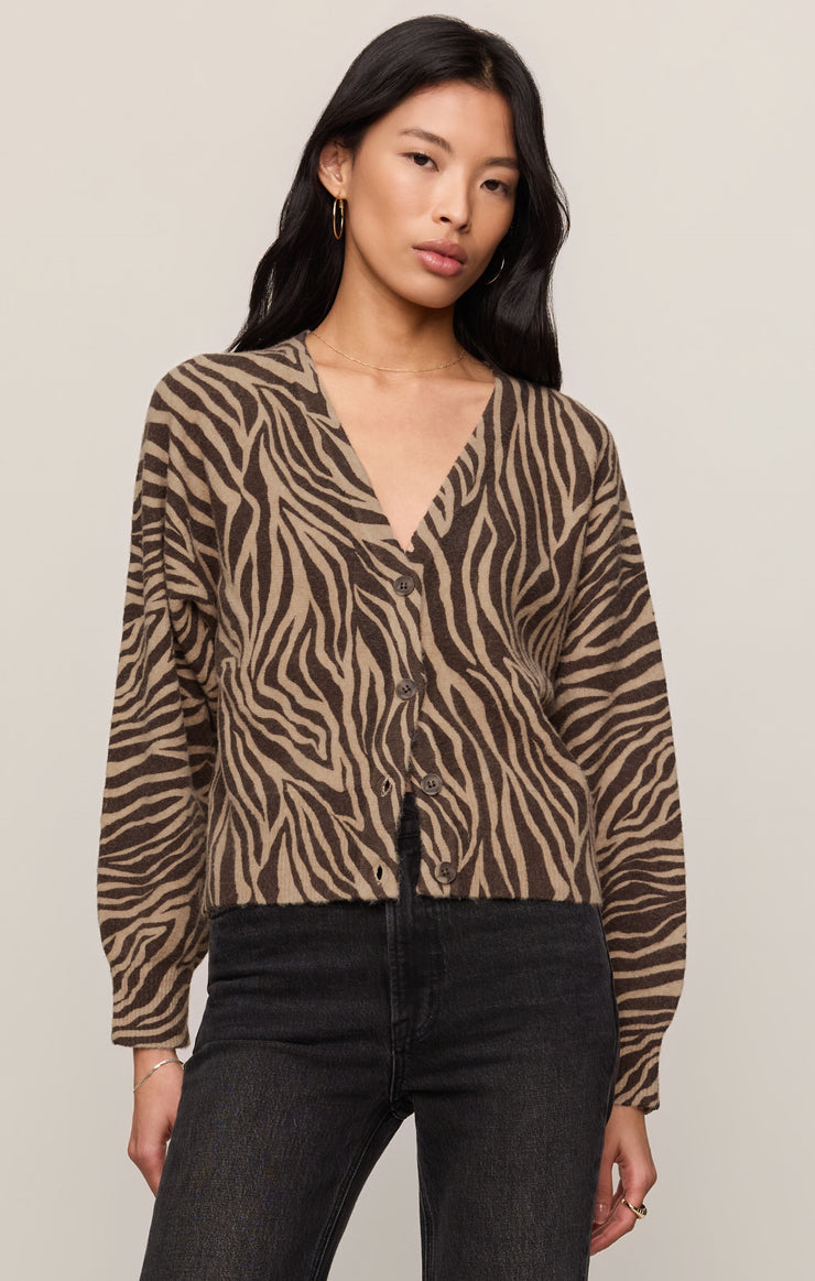 Zebra-print knit cardigan in dark brown with V-neck and button front, long sleeves