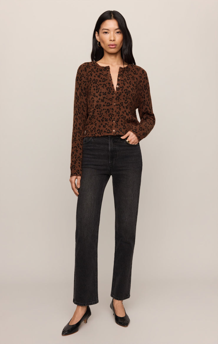 Burnt umber leopard-print cardigan with long sleeves and buttoned V-neck