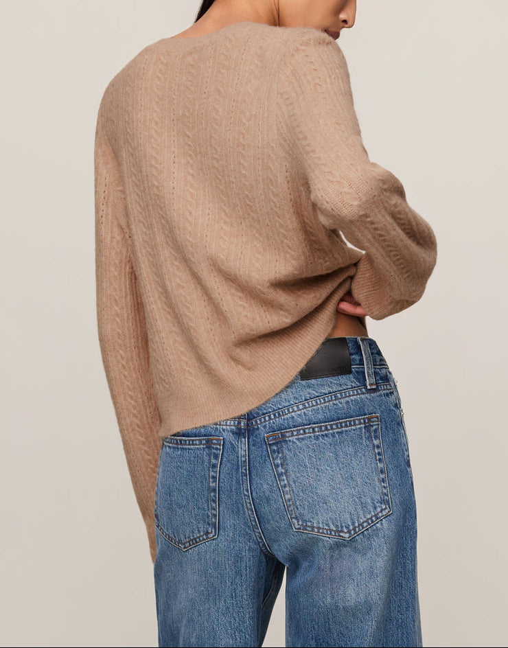 Macaroon pointelle cardigan in beige knit, long sleeves, open back view