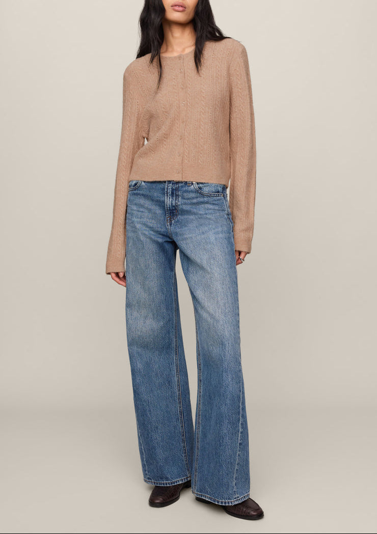 Macaroon pointelle cardigan with crew neck and long sleeves, beige knit