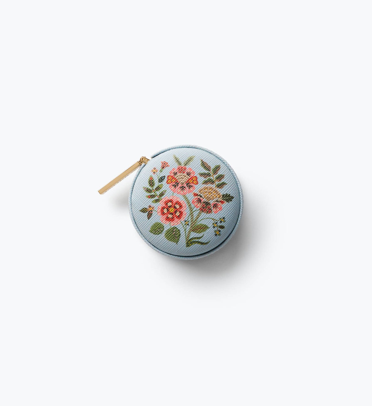 Floral embroidered measuring tape case in blue with gold pull tab