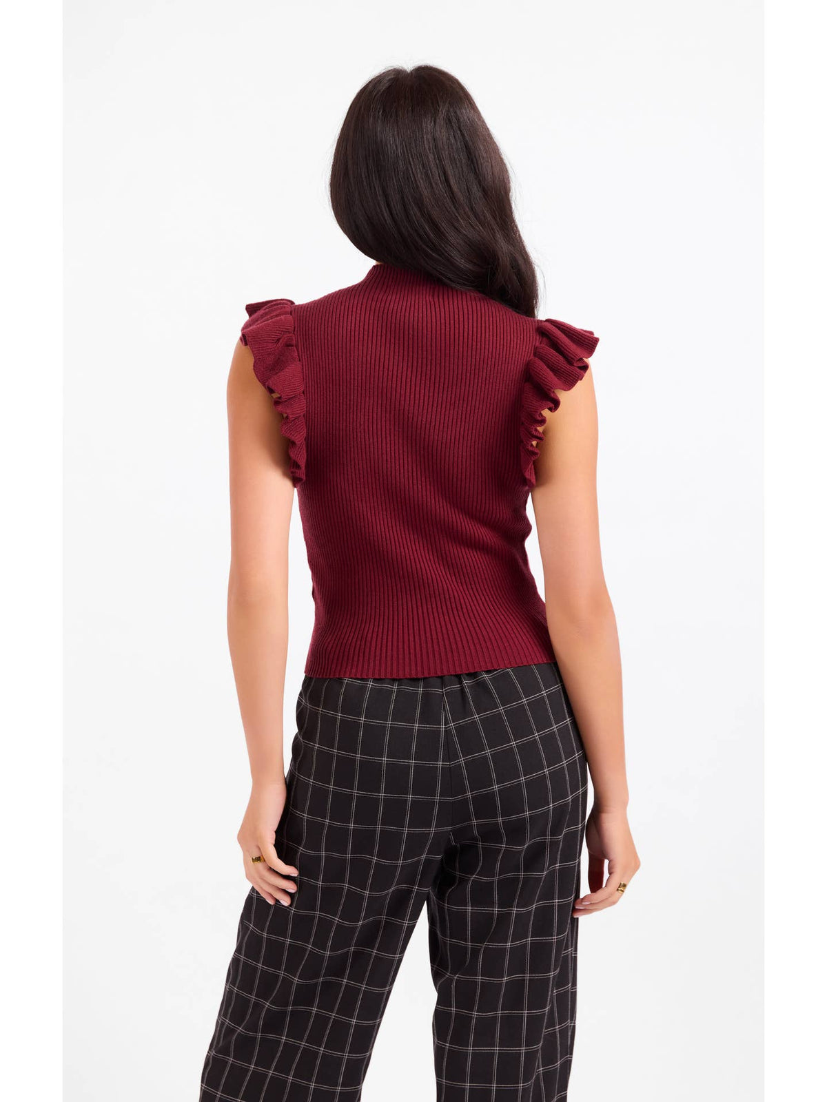 Burgundy mockneck ribbed tank sweater with ruffled shoulders, back view
