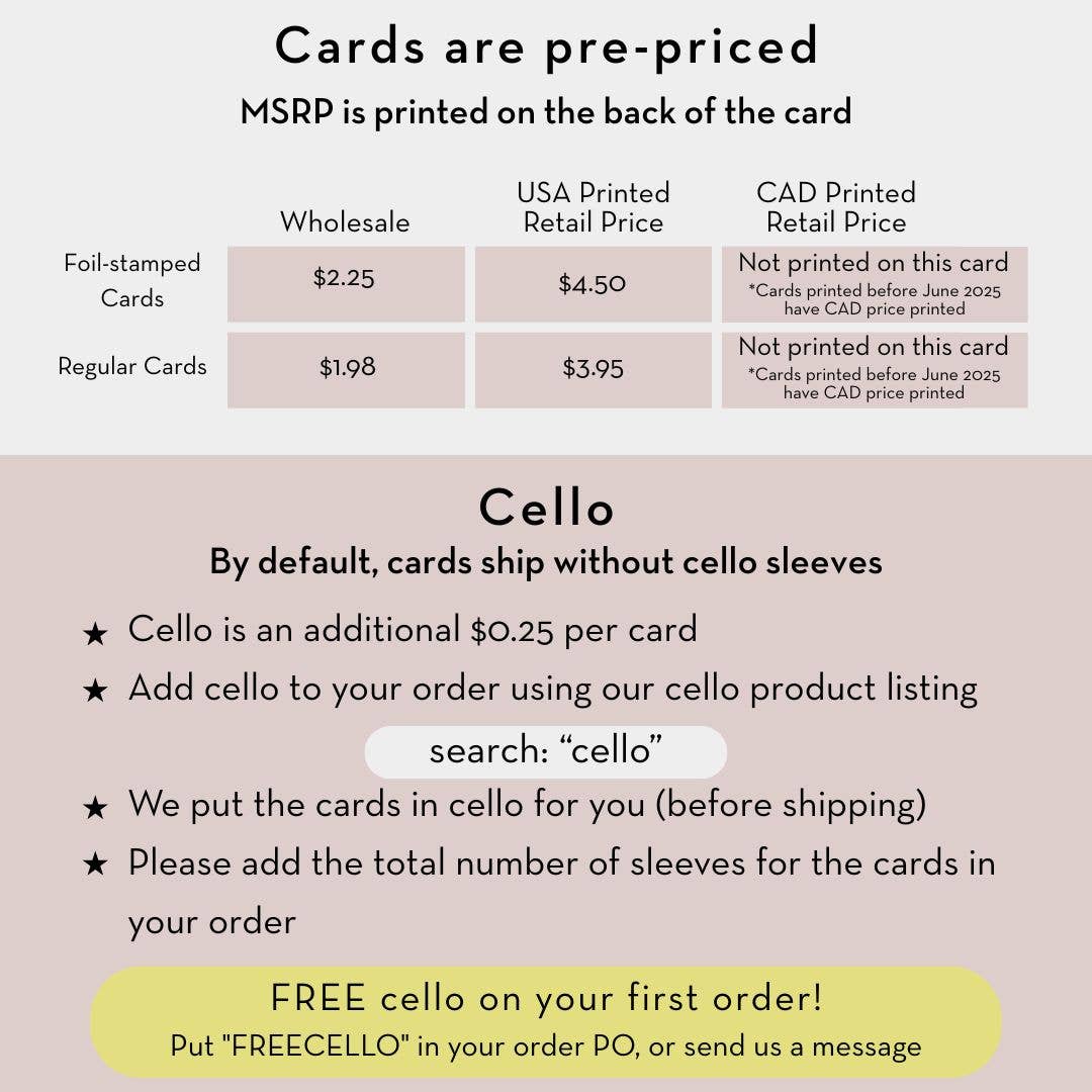 Birthday card pricing sheet with Cello shipping info and MSRP table