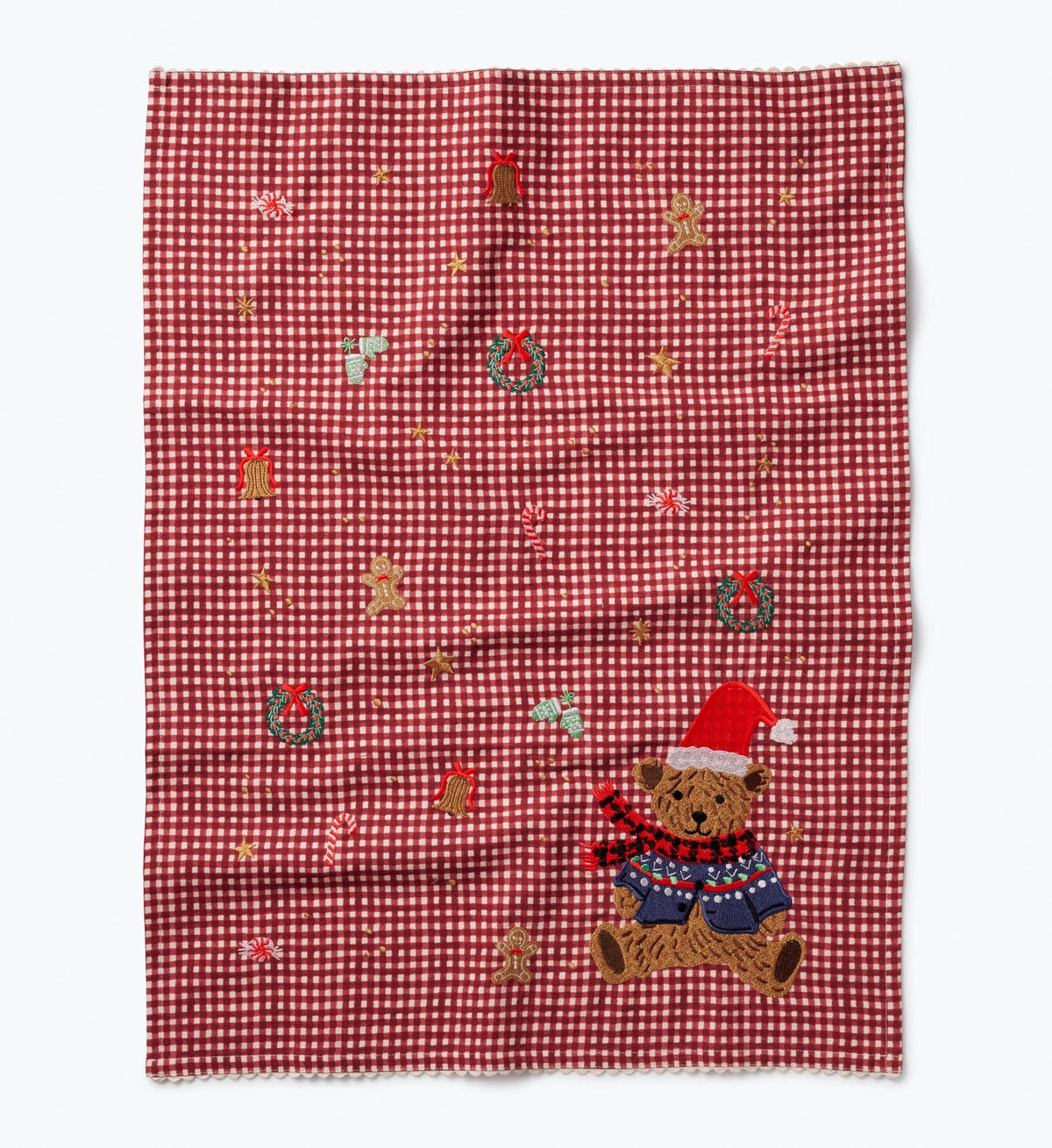 Red embroidered tea towel with check pattern and cute bear in Santa hat