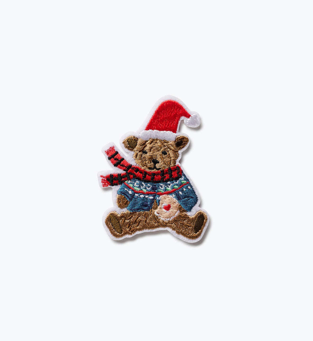 Embroidered iron-on patch: bear wearing Santa hat, blue overalls, red-black striped scarf