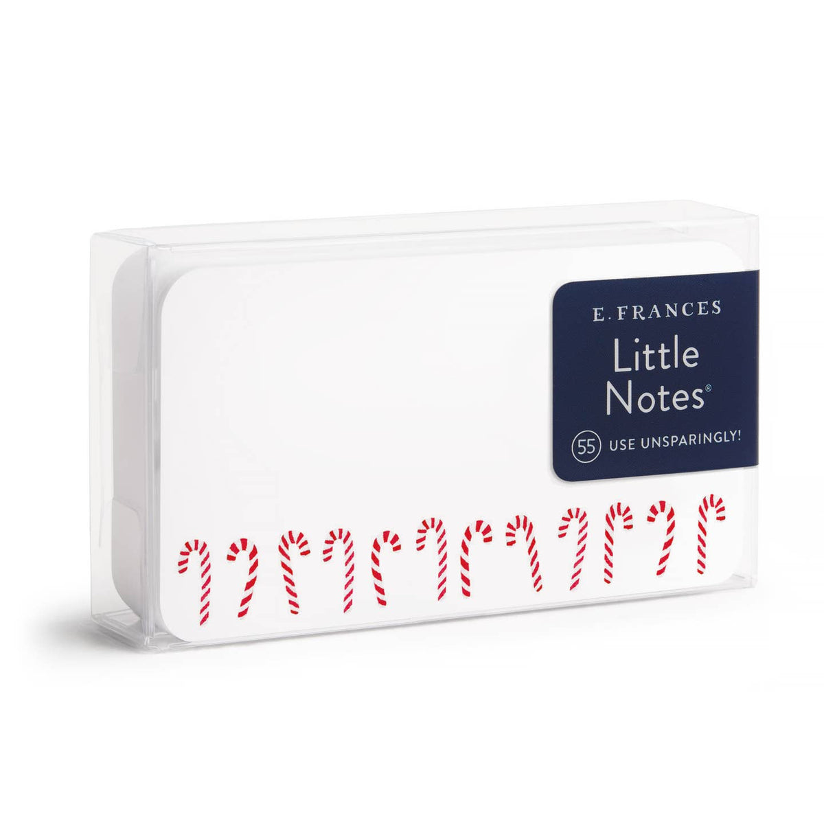 Candy cane note cards with E. Frances Little Notes label in clear box