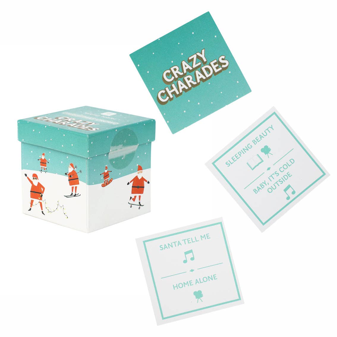 Christmas charades game box with teal cards showing word clues and icons.