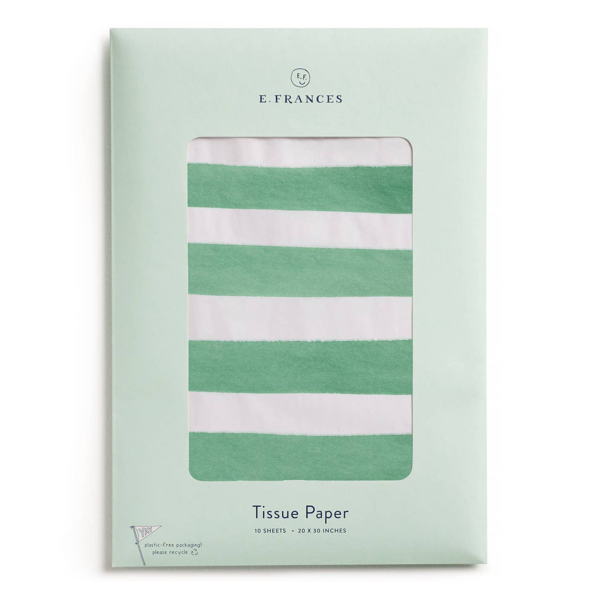 E.F. Frances tissue paper package, green-and-white striped front with window