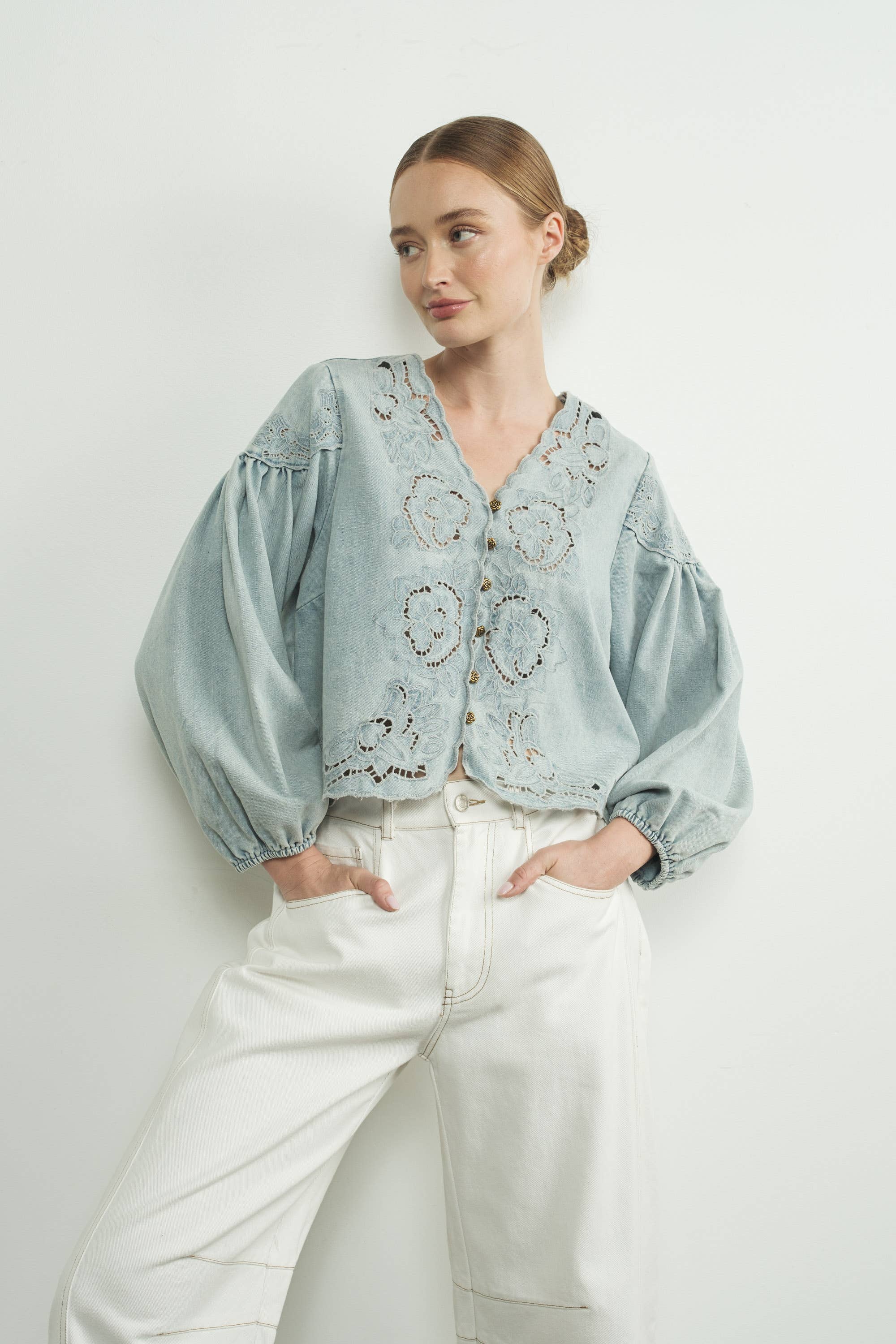When In Rome Embroidered Blouse - Denim