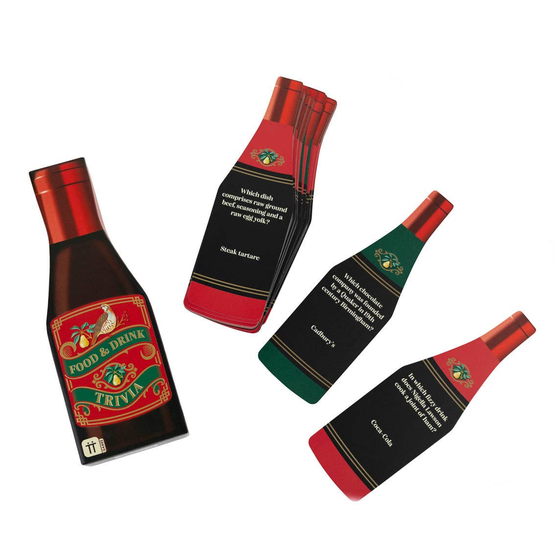 Food & Drink Trivia bottle packs and angled trivia cards with red and green labels