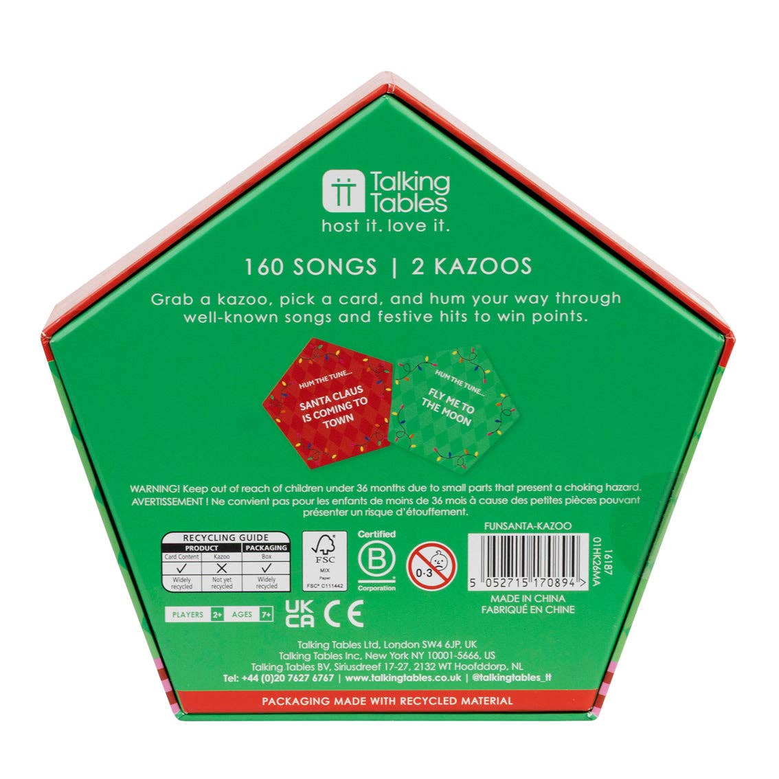 Back of Christmas karaoke game box with Talking Tables details and recycling info